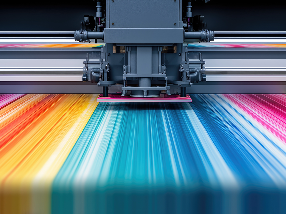 Eine Druckmaschine macht viele feine bunte Striche