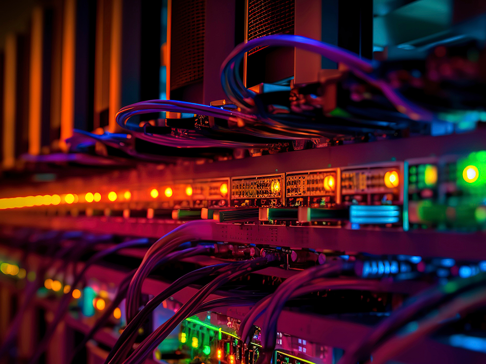 Ein dunkles Bild mit farblichen Akzenten die einen Serverraum sehr nah zeigt.