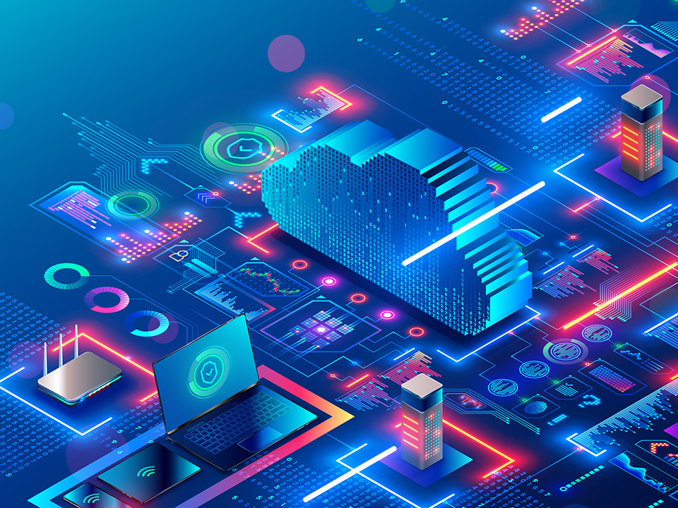 Bild einer Plattform mit unterschiedlichen IT Themen wie Cloud, Laptop etc.