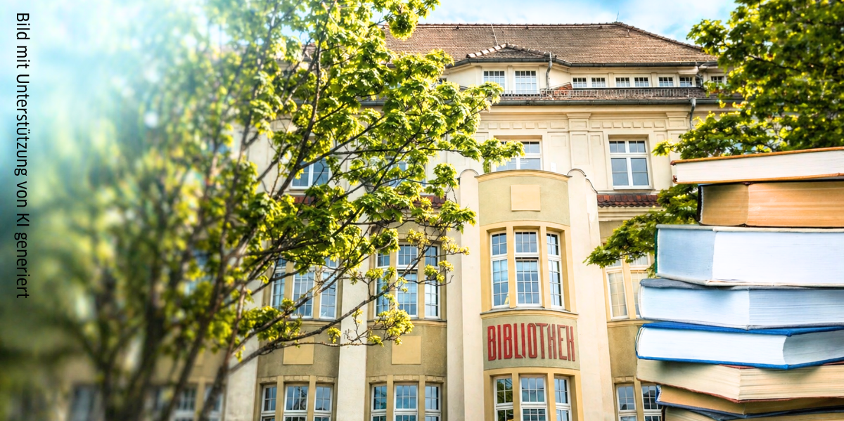 Gebäude der Stadtbibliothek mit einem Bücherstapel davor.